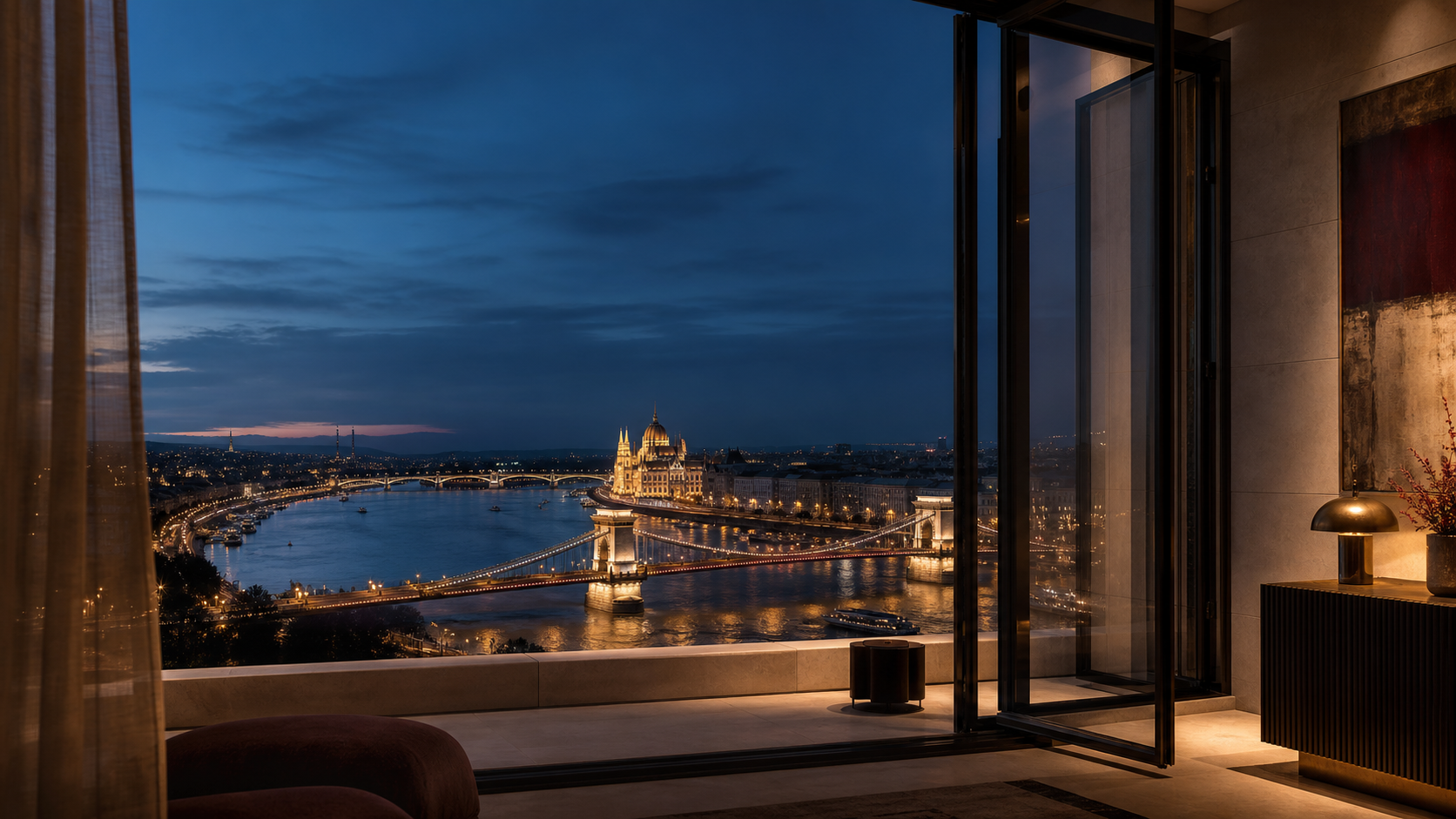 Vista nocturna de Budapest desde un elegante apartamento